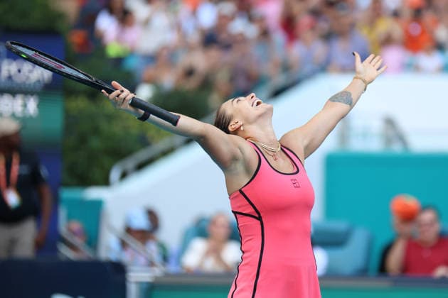 March 28, 2026, Miami Gardens, Florida, USA: ARYNA SABALENKA reacts during her women s singles finals match against Coco Gauff (USA), at the Miami Open at Hard Rock Stadium in Miami Gardens, Florida. Sabalenka won the women s singles title after defeating Gauff (USA) 6:2, 4:6, 6:3. Tennis 2026: WTA, Tennis Damen Miami Open: Singles Finals: SABLENKA 6:2, 4:6, 6:3 GAUFF - ZUMAv151 20260328_zsp_v151_036 Copyright: xLorenzoxVasquezx