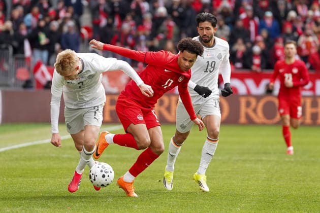 March 28, 2026, Toronto, Ontario, Canada: Tajon Buchanan 17 of Canada and Hakon Arnar Haraldsson 7 of Iceland battle for the ball during the International Friendly, Länderspiel, Nationalmannschaft match between Canada and Iceland at BMO Filed. on March 28, 2026 in Toronto, Ontario. Canada V Iceland - International Friendly Match  - ZUMAe321 20260328_zsa_e321_004 Copyright: xLeonardoxRamirezx
