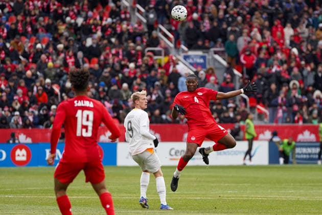 March 28, 2026, Toronto, Ontario, Canada: Kamal Miller 4 of Canada and Orri oskarsson 9 of Iceland battle for the ball during the International Friendly, Länderspiel, Nationalmannschaft match between Canada and Iceland at BMO Filed. on March 28, 2026 in Toronto, Ontario. Canada V Iceland - International Friendly Match  - ZUMAe321 20260328_zsa_e321_008 Copyright: xLeonardoxRamirezx