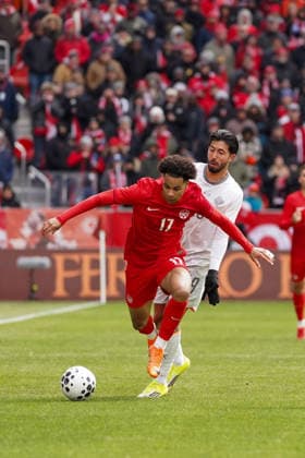 March 28, 2026, Toronto, Ontario, Canada: Tajon Buchanan 17 of Canada and Michael Egiil Ellertsson 19 of Iceland battle for the ball during the International Friendly, Länderspiel, Nationalmannschaft match between Canada and Iceland at BMO Filed. on March 28, 2026 in Toronto, Ontario. Canada V Iceland - International Friendly Match  - ZUMAe321 20260328_zsa_e321_010 Copyright: xLeonardoxRamirezx