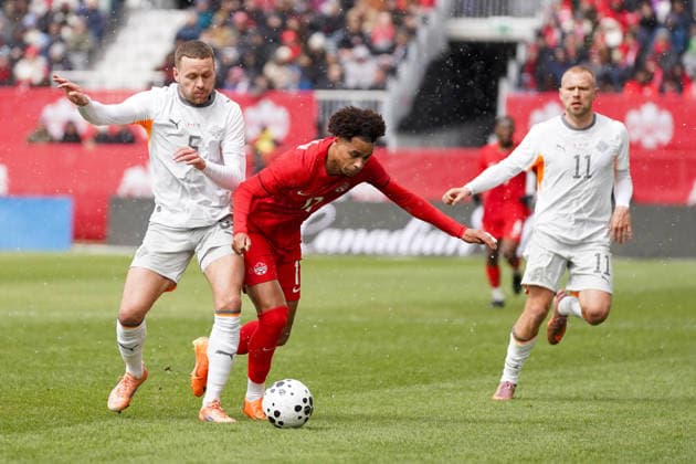 March 28, 2026, Toronto, Ontario, Canada: Tajon Buchanan 17 of Canada and Sverrir Ingi Ingason 5 of Iceland battle for the ball during the International Friendly, Länderspiel, Nationalmannschaft match between Canada and Iceland at BMO Filed. on March 28, 2026 in Toronto, Ontario. Canada V Iceland - International Friendly Match  - ZUMAe321 20260328_zsa_e321_032 Copyright: xLeonardoxRamirezx