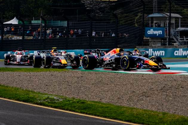 SUZUKA Formula 1 driver Max Verstappen of Oracle Red Bull Racing and Formula 1 driver Isack Hadjar of Oracle Red Bull Racing in a battle during the Formula 1 Japan Suzuka race at the Suzuka Formula 1 circuit on March 29, 2025 in Suzuka, Japan Photo by DeFodi Images