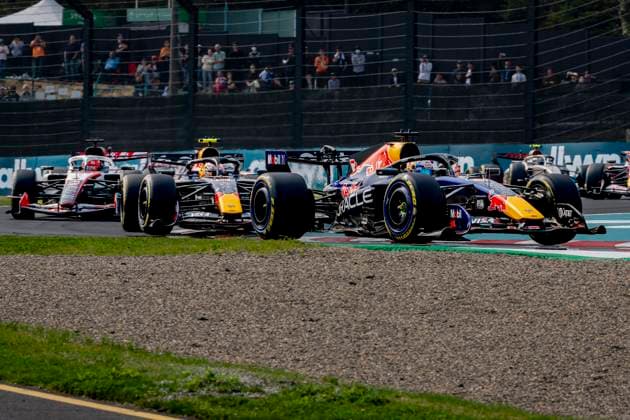 SUZUKA Formula 1 driver Max Verstappen of Oracle Red Bull Racing and Formula 1 driver Isack Hadjar of Oracle Red Bull Racing in a battle during the Formula 1 Japan Suzuka race at the Suzuka Formula 1 circuit on March 29, 2025 in Suzuka, Japan Photo by DeFodi Images