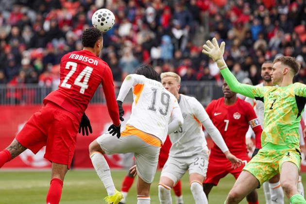 March 28, 2026, Toronto, Ontario, Canada: Daniel Jebbison 24 of Canada heads the ball in attack during the International Friendly, Länderspiel, Nationalmannschaft match between Canada and Iceland at BMO Filed. on March 28, 2026 in Toronto, Ontario. Toronto Canada - ZUMAe321 20260328_zsa_e321_043 Copyright: xLeonardoxRamirezx
