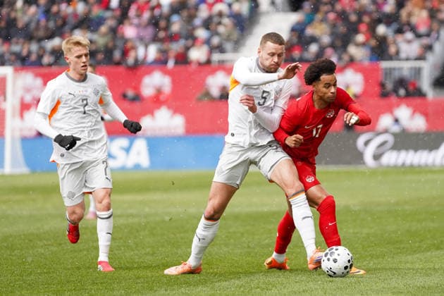March 28, 2026, Toronto, Ontario, Canada: Tajon Buchanan 17 of Canada and Sverrir Ingi Ingason 5 of Iceland battle for the ball during the International Friendly, Länderspiel, Nationalmannschaft match between Canada and Iceland at BMO Filed. on March 28, 2026 in Toronto, Ontario. Canada V Iceland - International Friendly Match  - ZUMAe321 20260328_zsa_e321_063 Copyright: xLeonardoxRamirezx