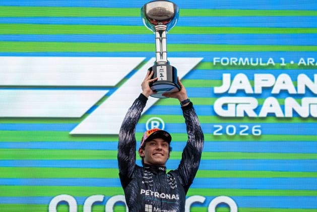 29th March 2026; Suzuka Circuit, Suzuka, Japan; 2026 FIA Formula 1 Japanese Grand Prix Race Day; Kimi Antonelli (12) of Italy and Mercedes-AMG PETRONAS Formula One Team winning the Japanese Grand Prix 2026 lifting the Japanese Grand Prix Champions trophy KeiichixMiyashita