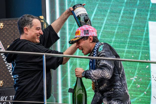 29th March 2026; Suzuka Circuit, Suzuka, Japan; 2026 FIA Formula 1 Japanese Grand Prix Race Day; Kimi Antonelli (12) of Italy and Mercedes-AMG PETRONAS Formula One Team being sprayed with champagne after winning the Japanese Grand Prix 2026 KeiichixMiyashita Content restricted for UK based newspaper