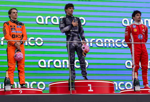 FORMULA ONE JAPANESE GRAND PRIX 2026 Race Winner Kimi Antonelli 12 (ITA) Mercedes, Oscar Piastri 81 (AUS) McLaren and Charles Leclerc 16 (MON) Ferrari on the podium during the Formula 1 Aramco Japanese Grand Prix 2026, 3rd round of the 2026 Formula One World Championship, WM, Weltmeisterschaft from March 27th - 29th, 2026 at the Suzuka Circuit, Suzuka City, Japan. Credit: Robbie Hoad Every Second Media Editorial use only. All images are copyright Every Second Media Limited. No images may be reproduced without prior permission. Copyright: xIMAGO EveryxSecondxMediax ESM-1879-0316 RobbiexHoadx xEveryxSecondxMediax