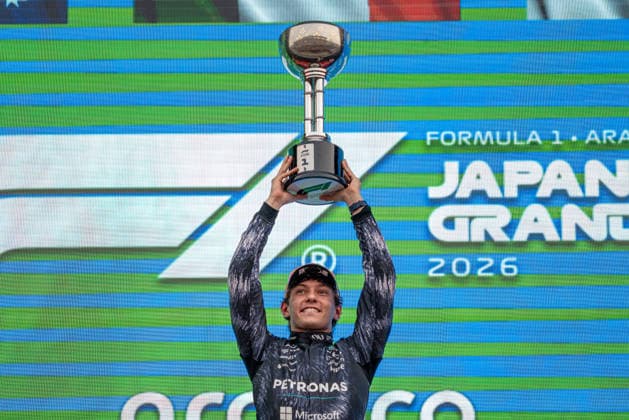 29th March 2026; Suzuka Circuit, Suzuka, Japan; 2026 FIA Formula 1 Japanese Grand Prix Race Day; Kimi Antonelli (12) of Italy and Mercedes-AMG PETRONAS Formula One Team lifting the champions trophy after winning the Japanese Grand Prix 2026 KeiichixMiyashita Content restricted for UK based newspaper