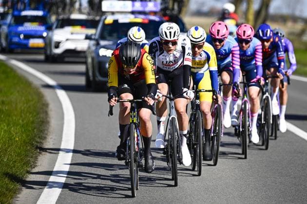 French Camille Charret of Cofidis, Danish Julius Johansen of UAE Team Emirates-XRG and Belgian Jules Hesters of Team Flanders-Baloise pictured in action during the men elite Middelkerke-Wevelgem - In Flanders Fields one day cycling race, 240.8 km from Middelkerke to Wevelgem, on Sunday 29 March 2026. JASPERxJACOBS  x169236427x