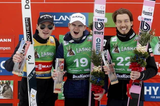FIS Ski jumping, Skispringen, Ski, nordisch World Cup in Planica (L-R) Second placed Domen Prevc of Slovenia , first placed Marius Lindvik of Norway and third placed Johann Andre Forfang of Norway celebrate on the podium after the Men Flying Hill HS240 at the FIS Ski Jumping World Cup stop in Planica, Slovenia, 29 March 2026. PLANICA Slovenia  Copyright: xANTONIOxBATx