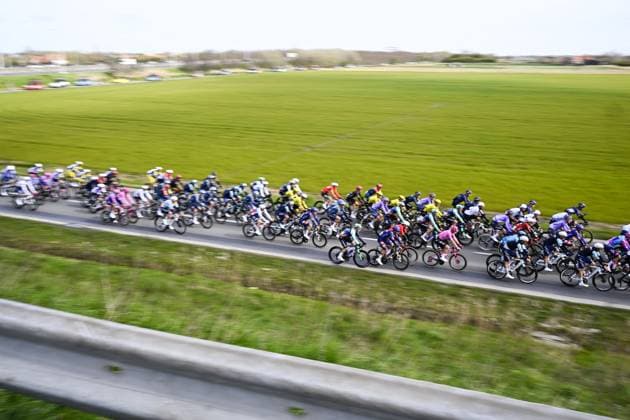 The pack of riders pictured in action during the men elite Middelkerke-Wevelgem - In Flanders Fields one day cycling race, 240.8 km from Middelkerke to Wevelgem, on Sunday 29 March 2026. JASPERxJACOBS  x169239890x