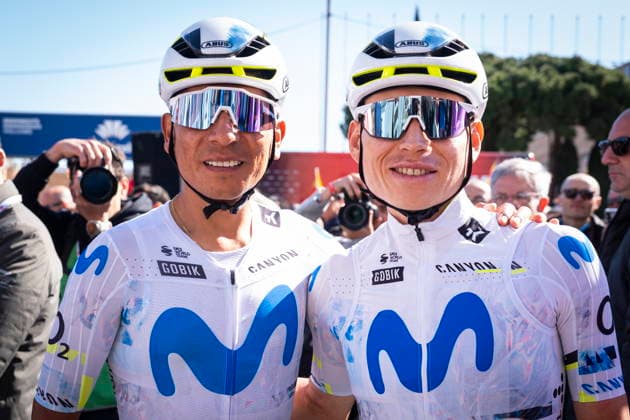 Volta a Catalunya cycling race - Stage 7 Colombian riders Nairo Quintana (L) and Einer Rubio (R) of the Team Movistar get ready at the begining of the 7th and last stage of the Volta Ciclista a Catalunya, with stafrt and finish in Barcelona, Catalonia, Spain, 29 March 2026. BARCELONA Spain  Copyright: xSiuxWux