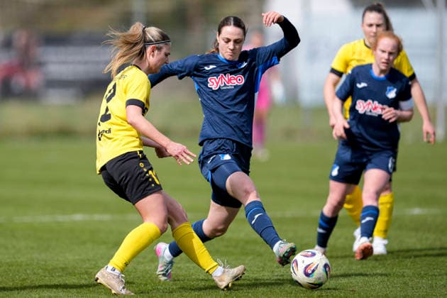 v li Anna Hofrichter Weinberg, 12 , Ann Sophie Braun TSG II, 8 , duel, duel, tackle, tackling, dynamics, action, action, 29 03 2026, St Leon Rot Germany , Football, Women, Regionalliga Süd, TSG 1899 Hoffenheim U20 SV 67 Weinberg, 29 03 2026, St Leon Rot Germany , Soccer, Women, Regionalliga Süd, TSG 1899 Hoffenheim U20 SV 67 Weinberg, DFB DFL REGULATIONS PROHIBIT ANY USE OF PHOTOGRAPHS AS IMAGE SEQUENCES AND OR QUASI VIDEO xozx