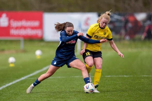 v li Leni Wileschek TSG II, 13 , Anne Wagner Weinberg, 18 , duel, duel, tackle, tackling, dynamics, action, action, 29 03 2026, St Leon Rot Germany , Football, Women, Regionalliga Süd, TSG 1899 Hoffenheim U20 SV 67 Weinberg, 29 03 2026, St Leon Rot Germany , Soccer, Women, Regionalliga Süd, TSG 1899 Hoffenheim U20 SV 67 Weinberg, DFB DFL REGULATIONS PROHIBIT ANY USE OF PHOTOGRAPHS AS IMAGE SEQUENCES AND OR QUASI VIDEO xozx