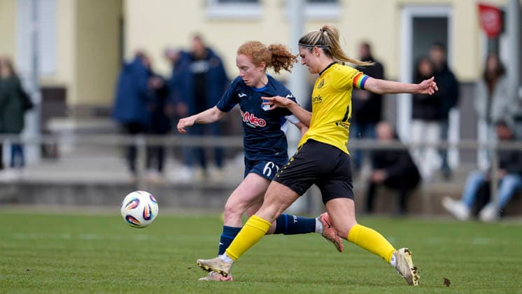 v li Milena Röder TSG II, 6 , Anna Hofrichter Weinberg, 12 , duel, duel, tackle, tackling, dynamics, action, action, 29 03 2026, St Leon Rot Germany , Football, Women, Regionalliga Süd, TSG 1899 Hoffenheim U20 SV 67 Weinberg, 29 03 2026, St Leon Rot Germany , Soccer, Women, Regionalliga Süd, TSG 1899 Hoffenheim U20 SV 67 Weinberg, DFB DFL REGULATIONS PROHIBIT ANY USE OF PHOTOGRAPHS AS IMAGE SEQUENCES AND OR QUASI VIDEO xozx