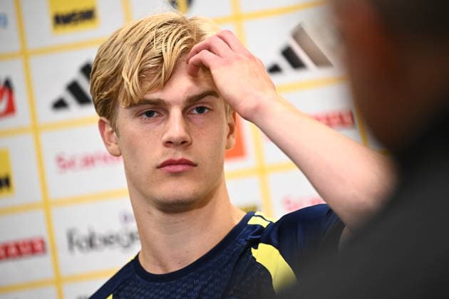 STOCKHOLM 20260329 Lucas Bergvall at a press conference after Sundays training with the national soccer team at Strawberry Arena ahead of the playoff final against Poland STOCKHOLM SWEDEN x10090x  Copyright: xClaudioxBresciani TTx FOTBOLLSLANDSLAGET TRÄNAR INFÖR PLAYOFF-FINALEN