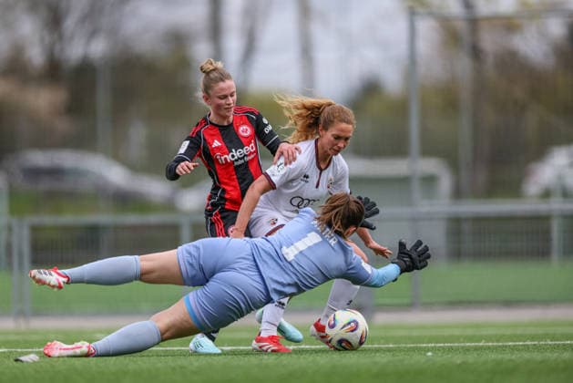 GER, Frankfurt, Eintracht Frankfurt II vs FC Ingolstadt, 2 Womens Bundesliga, Football, DFB, Season 2025 2026, Stadion am Brentanobad, 21 Matchday in the picture from l Marie Kleemann Eintracht Frankfurt 17 scores the 1 0, Goal, Franziska Maier FC Ingolstadt Women 1 DFB DFL REGULATIONS PROHIBIT ANY USE OF PHOTOGRAPHS AS IMAGE SEQUENCES AND OR QUASI VIDEO, 29 03 2026 Copyright: HMBxMedia HendrikxHamelau