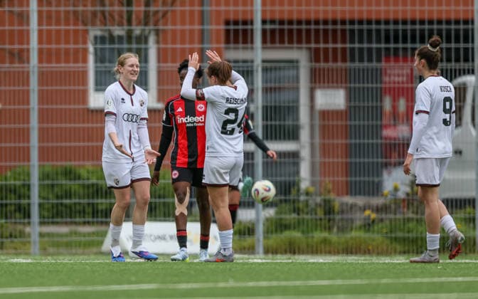 GER, Frankfurt, Eintracht Frankfurt II vs FC Ingolstadt, 2 Womens Bundesliga, Football, DFB, Season 2025 2026, Stadion am Brentanobad, 21 Matchday in picture FC Ingolstadt Women, Cheers, joy and emotions after the goal DFB DFL REGULATIONS PROHIBIT ANY USE OF PHOTOGRAPHS AS IMAGE SEQUENCES AND OR QUASI VIDEO, 29 03 2026 Copyright: HMBxMedia HendrikxHamelau