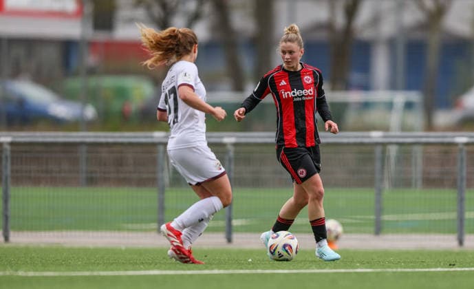 GER, Frankfurt, Eintracht Frankfurt II vs FC Ingolstadt, 2 Womens Bundesliga, Football, DFB, Season 2025 2026, Stadion am Brentanobad, 21 Matchday in the picture from l Leonie Haberäcker FC Ingolstadt Women 27 , Marie Kleemann Eintracht Frankfurt 17 DFB DFL REGULATIONS PROHIBIT ANY USE OF PHOTOGRAPHS AS IMAGE SEQUENCES AND OR QUASI VIDEO, 29 03 2026 Copyright: HMBxMedia HendrikxHamelau