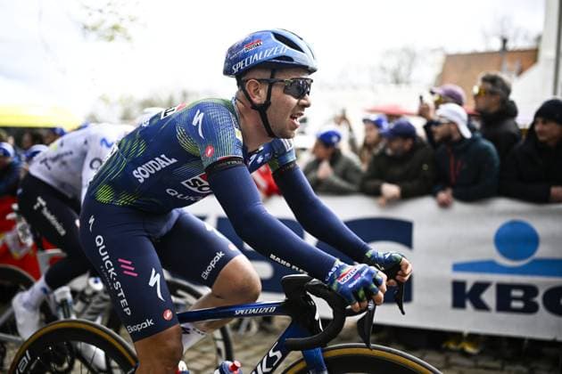 Belgian Fabio Van den Bossche of Soudal Quick-Step pictured in action on Kemmelberg during the men elite Middelkerke-Wevelgem - In Flanders Fields one day cycling race, 240.8 km from Middelkerke to Wevelgem, on Sunday 29 March 2026. JASPERxJACOBS  x169248282x