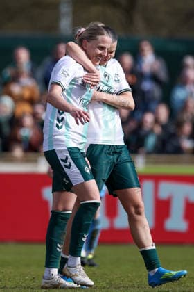 from left goal scorer Lina Hausicke SV Werder Bremen, 18 and Larissa Mühlhaus SV Werder Bremen, 7 with goal celebration, cheering, jubilant, optimistic, game scene, highlight, joy about the goal for 2 0, THE DFB REGULATIONS PROHIBIT ANY USE OF PHOTOGRAPHS AS IMAGE SEQUENCES AND OR QUASI VIDEO , 29 03 2026, Bremen Germany , Football, Google Pixel Womens Bundesliga, SV Werder Bremen SGS Essen xobx