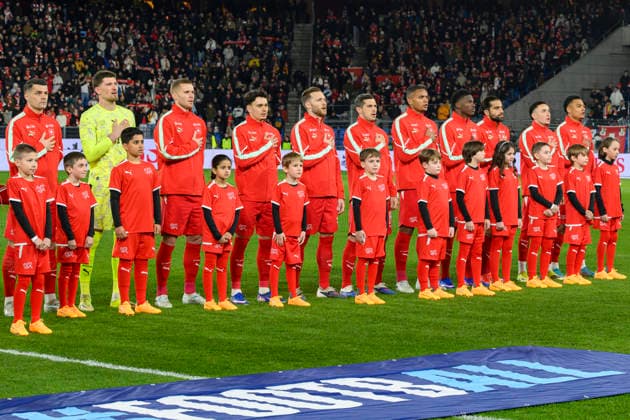 V.l.n.r. Granit Xhaka, Torhüter Gregor Kobel, Nico Elvedi, Fabian Rieder, Silvan Widmer, Remo Freuler, Manuel Akanji, Breel Embolo, Eray Cömert, Ruben Vargas, Dan Ndoye , SUI, Schweiz - Deutschland, Nationalmannschaft, Fussball, 27.03.2026 *** From left to right Granit Xhaka, goalkeeper Gregor Kobel, Nico Elvedi, Fabian Rieder, Silvan Widmer, Remo Freuler, Manuel Akanji, Breel Embolo, Eray Cömert, Ruben Vargas, Dan Ndoye , SUI, Switzerland Germany, National team, Football, 27 03 2026 