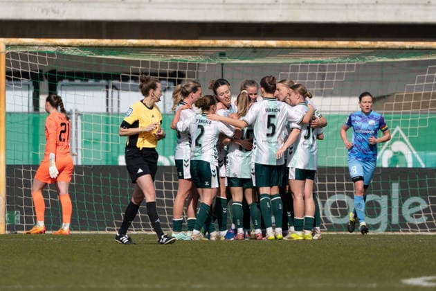 BREMEN, GERMANY - MARCH 29: Player of SV Werder Bremen celebrate the goal during the Google Pixel Frauen-Bundesliga between SV Werder Bremen and SGS Essen at Weserstadion Platz 11 on March 29, 2026 in Bremen, Germany. (Photo by Qianru Zhang Press Photo) Copyright: xQianruxZhang SPPx Sportspressphoto_SPR120917