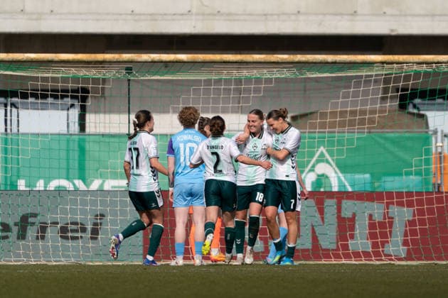 BREMEN, GERMANY - MARCH 29: Player of SV Werder Bremen celebrate the goal during the Google Pixel Frauen-Bundesliga between SV Werder Bremen and SGS Essen at Weserstadion Platz 11 on March 29, 2026 in Bremen, Germany. (Photo by Qianru Zhang Press Photo) Copyright: xQianruxZhang SPPx Sportspressphoto_SPR120919