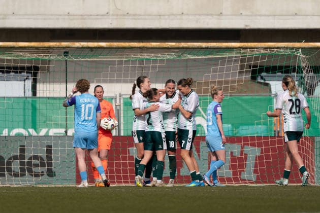 BREMEN, GERMANY - MARCH 29: Player of SV Werder Bremen celebrate the goal during the Google Pixel Frauen-Bundesliga between SV Werder Bremen and SGS Essen at Weserstadion Platz 11 on March 29, 2026 in Bremen, Germany. (Photo by Qianru Zhang Press Photo) Copyright: xQianruxZhang SPPx Sportspressphoto_SPR120922