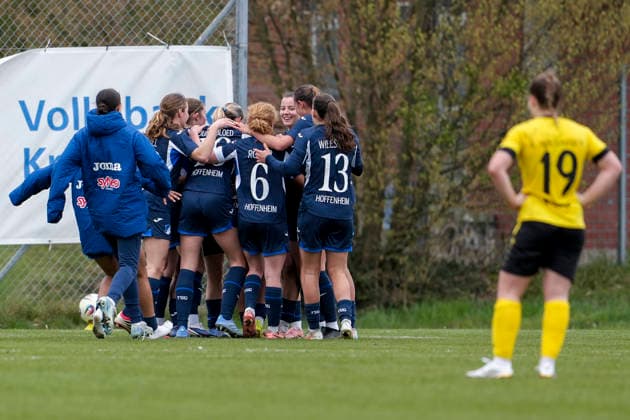 TSG 1899 Hoffenheim II U20 players , celebrate the goal to 1 0, jubilation, goal celebration, celebrate the goal, goal, celebration, jubilates over the goal, rejoicing, joy, rejoices, optimistic, positive, game scene, highlight, action, action, 29 03 2026, St Leon Rot Germany , Soccer, Women, Regionalliga Süd, TSG 1899 Hoffenheim U20 SV 67 Weinberg, 29 03 2026, St Leon Rot Germany , Soccer, Women, Regionalliga Süd, TSG 1899 Hoffenheim U20 SV 67 Weinberg, DFB DFL REGULATES PROHIBIT ANY USE OF PHOTOGRAPHS AS IMAGE SEQUENCES AND OR QUASI VIDEO xozx
