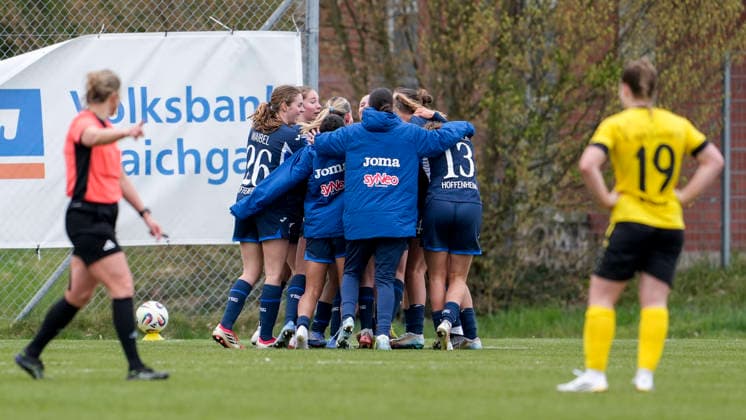 TSG 1899 Hoffenheim II U20 players , celebrate the goal to 1 0, jubilation, goal celebration, celebrate the goal, goal, celebration, jubilates over the goal, rejoicing, joy, rejoices, optimistic, positive, game scene, highlight, action, action, 29 03 2026, St Leon Rot Germany , Soccer, Women, Regionalliga Süd, TSG 1899 Hoffenheim U20 SV 67 Weinberg, 29 03 2026, St Leon Rot Germany , Soccer, Women, Regionalliga Süd, TSG 1899 Hoffenheim U20 SV 67 Weinberg, DFB DFL REGULATES PROHIBIT ANY USE OF PHOTOGRAPHS AS IMAGE SEQUENCES AND OR QUASI VIDEO xozx