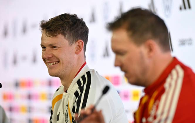Goalkeeper Alexander Nuebel GER 12 Portrait next to national coach Coach Julian Nagelsmann GER Press conference iam 29 03 2026 m ahead of DFB Laenderspiel Deutschland GER vs Ghana GHA Freundschatsspiel Testspiel am 30 03 2026 DFL REGULATIONS PROHIBIT ANY USE OF PHOTOGRAPHS AS IMAGE SEQUENCES AND OR QUASI VIDEO DFB Laenderspiel Deutschland GER vs Ghana GHA