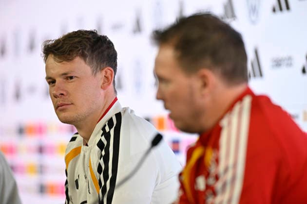Goalkeeper Alexander Nuebel GER 12 Portrait next to national coach Coach Julian Nagelsmann GER Press conference iam 29 03 2026 m ahead of DFB Laenderspiel Deutschland GER vs Ghana GHA Freundschatsspiel Testspiel am 30 03 2026 DFL REGULATIONS PROHIBIT ANY USE OF PHOTOGRAPHS AS IMAGE SEQUENCES AND OR QUASI VIDEO DFB Laenderspiel Deutschland GER vs Ghana GHA