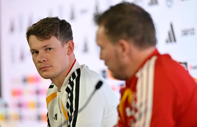 Goalkeeper Alexander Nuebel GER 12 Portrait next to national coach Coach Julian Nagelsmann GER Press conference iam 29 03 2026 m ahead of DFB Laenderspiel Deutschland GER vs Ghana GHA Freundschatsspiel Testspiel am 30 03 2026 DFL REGULATIONS PROHIBIT ANY USE OF PHOTOGRAPHS AS IMAGE SEQUENCES AND OR QUASI VIDEO DFB Laenderspiel Deutschland GER vs Ghana GHA
