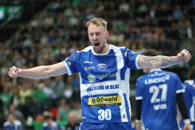 Handball DAIKIN HBL, SC DHfK Leipzig ThSV Eisenach 29 03 2026 Dominik Solak 30, ThSV Eisenach celebrates a successful action, Emotions Handball, DAIKIN HBL, 1 Bundesliga, Season 2025 2026, 26 Matchday SC DHfK Leipzig vs ThSV Eisenach on 29 03 2026 at Quarterback Immobilien Arena Leipzig Copyright: xBEAUTIFULxSPORTS JanxKaeferx