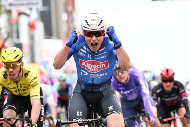 Belgian Jasper Philipsen of Alpecin-Premier Tech celebrates after winning the men elite Middelkerke-Wevelgem - In Flanders Fields one day cycling race, 240.8 km from Middelkerke to Wevelgem, on Sunday 29 March 2026. MAARTENxSTRAETEMANS  x169252692x