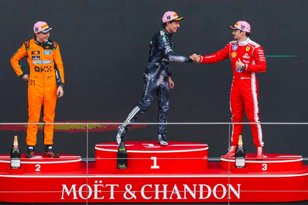 March 29, 2026, Suzuka, Mie, Japan: KIMI ANTONELLI of Mercedes and CHARLES LECLERC of Ferrari shake hands on the podium after the Formula 1 Japanese Grand Prix at Suzuka Circuit. Suzuka Japan - ZUMAh201 20260329_zsp_h201_037 Copyright: xYichinxHoux