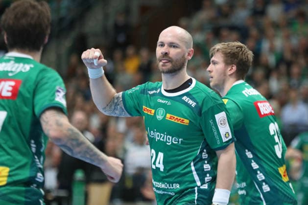 Handball DAIKIN HBL, SC DHfK Leipzig ThSV Eisenach 29 03 2026 Moritz Preuss 24, SC DHfK Leipzig with the winning fist Handball, DAIKIN HBL, 1 Bundesliga, Season 2025 2026, Matchday 26 SC DHfK Leipzig vs ThSV Eisenach on 29 03 2026 at Quarterback Immobilien Arena Leipzig Copyright: xBEAUTIFULxSPORTS JanxKaeferx