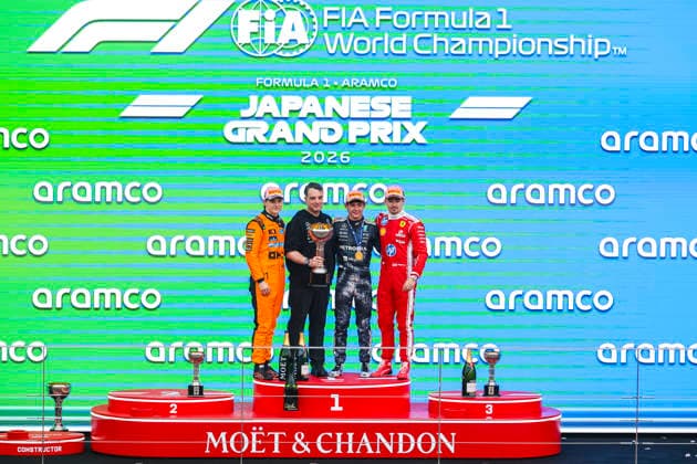 March 29, 2026, Suzuka, Mie, Japan: KIMI ANTONELLI of Mercedes, CHARLES LECLERC of Ferrari and OSCAR PIASTRI of McLaren pose together on the podium after the Formula 1 Japanese Grand Prix at Suzuka Circuit. Suzuka Japan - ZUMAh201 20260329_zsp_h201_044 Copyright: xYichinxHoux