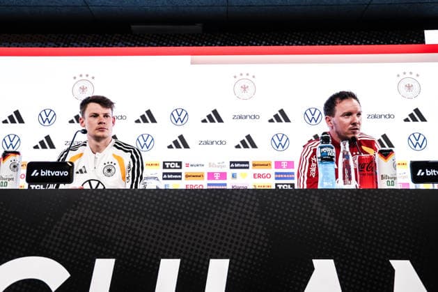 Sport, Football, UEFA international match Press conference Germany before the friendly match against Ghana 29 03 2026, MHP Arena Stuttgart Alexander Nübel Germany, 12 Julian Nagelsmann Coach, Germany Stuttgart MHP Arena Baden Württemberg Germany