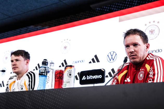 Sport, Football, UEFA international match Press conference Germany before the friendly match against Ghana 29 03 2026, MHP Arena Stuttgart Alexander Nübel Germany, 12 Julian Nagelsmann Coach, Germany Stuttgart MHP Arena Baden Württemberg Germany
