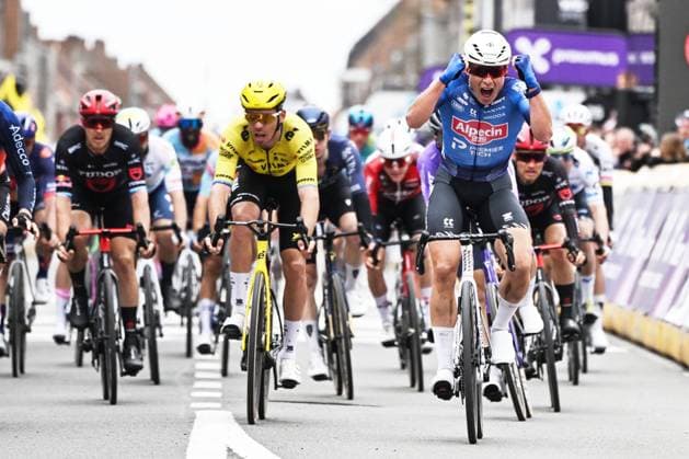 Belgian Jasper Philipsen of Alpecin-Premier Tech celebrates after winning the men elite Middelkerke-Wevelgem - In Flanders Fields one day cycling race, 240.8 km from Middelkerke to Wevelgem, on Sunday 29 March 2026. ELIASxROM  x169253200x