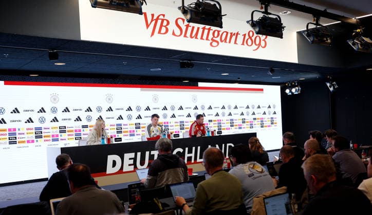 Stuttgart, international soccer match Germany PK, overview, from left press spokeswoman Franziska Wülle, Alexander Nübel, coach Julian Nagelsmann