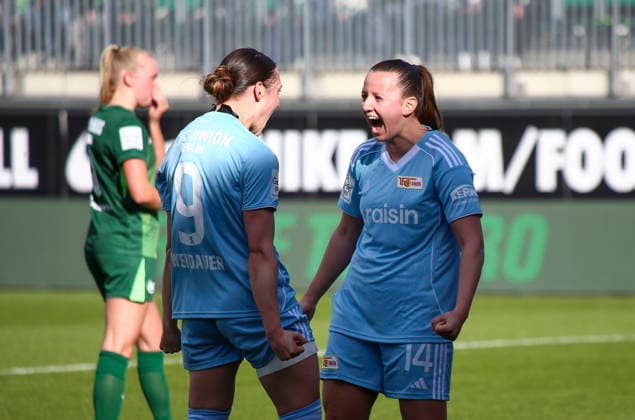 Germany Womens Bundesliga 2025 2026, Matchday 22 VfL Wolfsburg VS 1 FC Union Berlin AOK Stadion Wolfsburg Goal and goal celebration for Hannah Eurlings 1 FC Union Berlin Women, 14 Sophie Weidauer 1 FC Union Berlin Women, 9 Wolfsburg Copyright: xAymanxAlahmedx