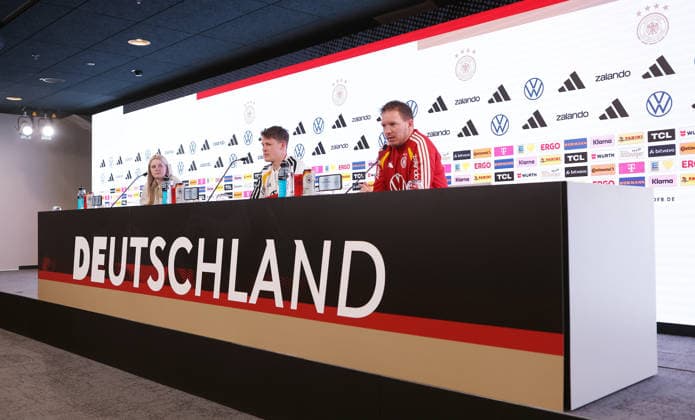 Stuttgart, international soccer match Germany PK, overview, from left press spokeswoman Franziska Wülle, Alexander Nübel, coach Julian Nagelsmann