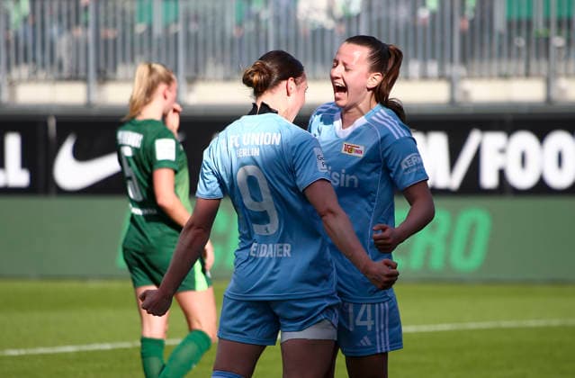 Germany Womens Bundesliga 2025 2026, Matchday 22 VfL Wolfsburg VS 1 FC Union Berlin AOK Stadion Wolfsburg Goal and goal celebration for Hannah Eurlings 1 FC Union Berlin Women, 14 Sophie Weidauer 1 FC Union Berlin Women, 9 Wolfsburg Copyright: xAymanxAlahmedx