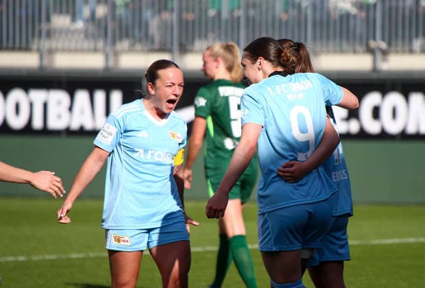 Germany Womens Bundesliga 2025 2026, Matchday 22 VfL Wolfsburg VS 1 FC Union Berlin AOK Stadion Wolfsburg Goal and goal celebration for Hannah Eurlings 1 FC Union Berlin Women, 14 Sophie Weidauer 1 FC Union Berlin Women, 9 Wolfsburg Copyright: xAymanxAlahmedx