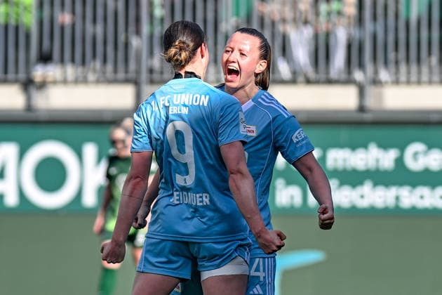 Soccer I Women I Season 2025 2026 I Bundesliga I 22 Matchday I VfL Wolfsburg 1 FC Union Berlin I 29 03 2026 Goal celebration Sophie Weidauer 9, 1 FC Union Berlin and Hannah Eurlings 14,1 FC Union Berlin Wolfsburg AOK Stadium Lower Saxony Germany Copyright: xLobeca InesxHähnelx
