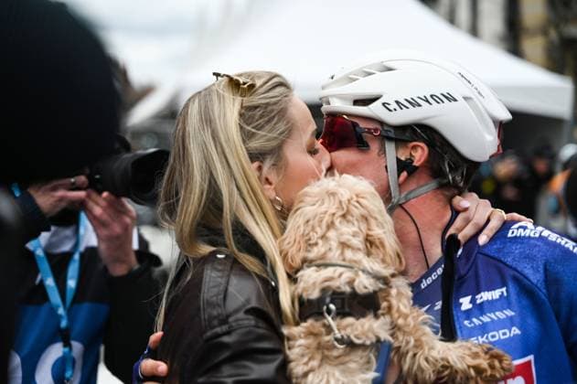 Belgian Jasper Philipsen and his partner Melanie Peetermans celebrate after winning the men elite Middelkerke-Wevelgem - In Flanders Fields one day cycling race, 240.8 km from Middelkerke to Wevelgem, on Sunday 29 March 2026. ELIASxROM  x169253731x